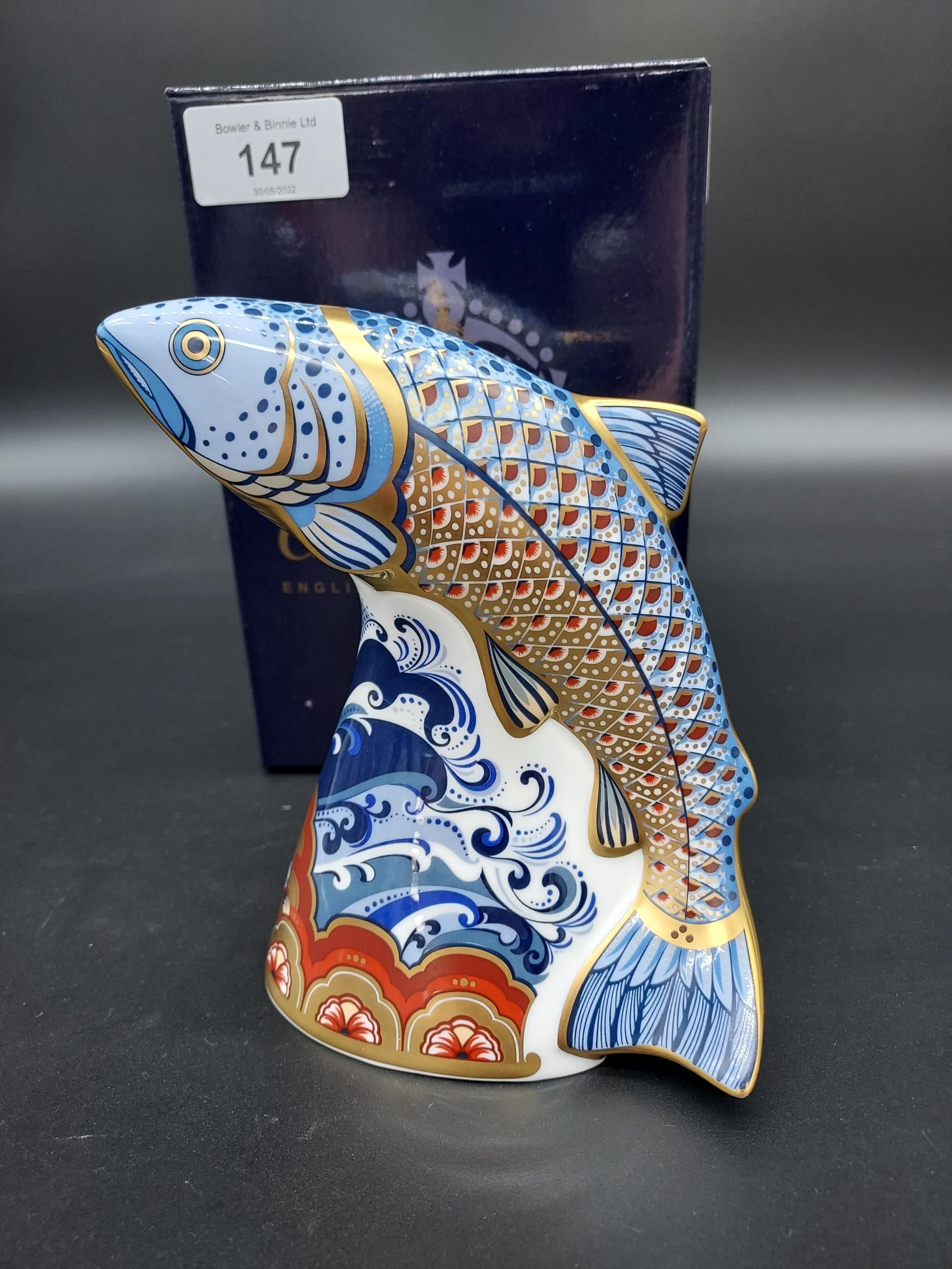 A Royal Crown Derby Leaping Salmon- Sinclairs. Gold Button and comes with original box. - Image 3 of 5