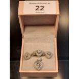 A Ladies 925 silver and diamond heart shaped ring, matching pendant and earring set. [Ring size L]