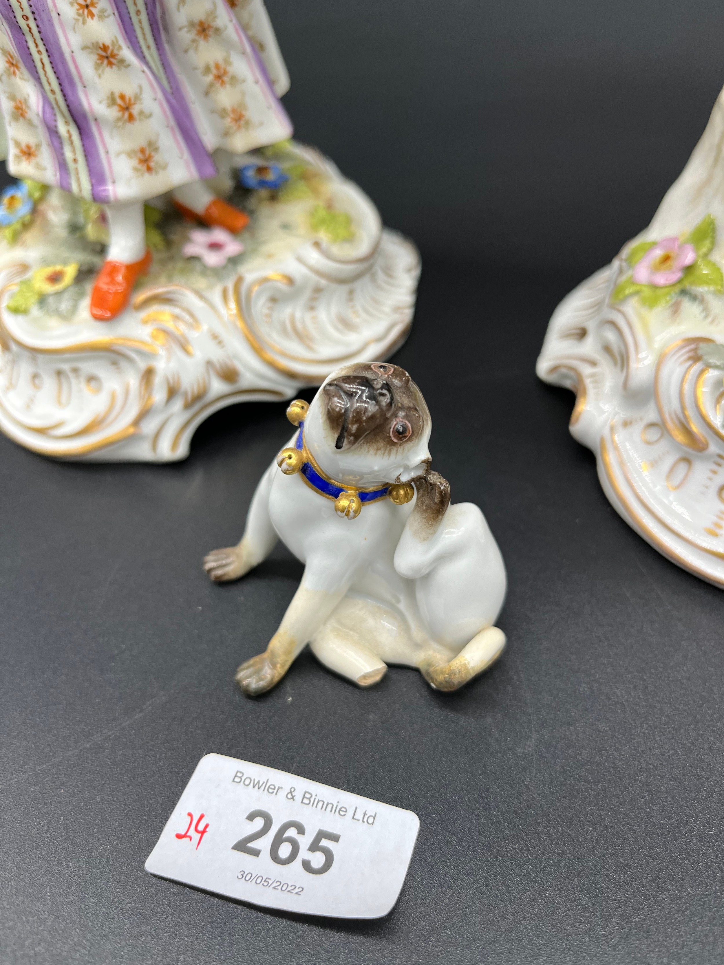 A Large pair of antique Meissen style figures, Together with a small Meissen pug dog. [As Found][ - Image 3 of 4