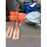 Wooden ores along with sailing sails and 2 life jackets