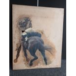 Large oil on canvas depicting an unfinished military saddled horse attributed to Vereker . Monteith.