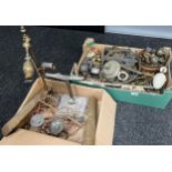 A Box containing a quantity of antique curtain hoops, finials, switches, Art Deco Emeralite desk