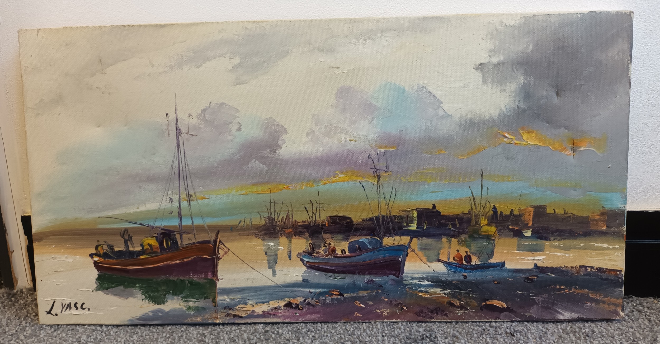 2 Signed pictures, watercolour on paper along with oil on canvas both depicting fish boats framed [ - Image 3 of 4