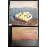 2 Oil on canvas depicting still life of flowers within a basket and sundown landscape. Attributed to