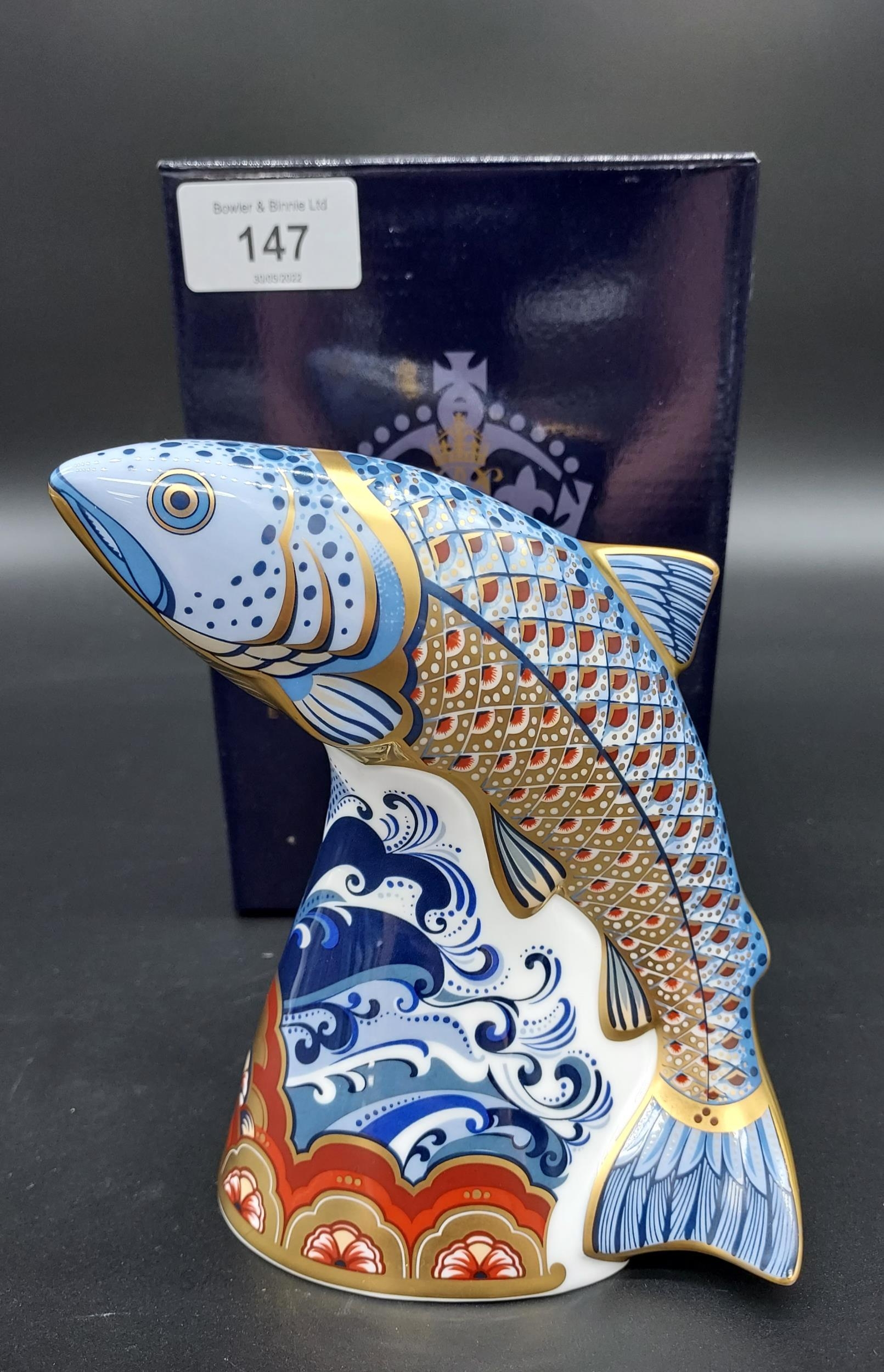 A Royal Crown Derby Leaping Salmon- Sinclairs. Gold Button and comes with original box.