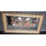 Detailed gilt framed mirror with painted flowers [69x38cm]