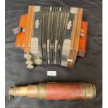 A Vintage Richter accordion squeeze box. Together with a brass and wood three pull scope.