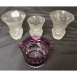 Three cut crystal thistle design vases and a facet cut desert dish.