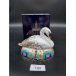 Royal Crown Derby swan paperweight, gold button, comes with original box.