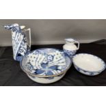 A Royal Doulton Chatham blue and white water jug and bowl, Together with one other. [Both as found]