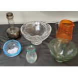 A Selection of Art Glass and crystal, Includes large crystal centre bowl, Orange art glass water