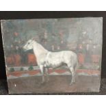 Oil on canvas depicting a horse standing in a circus ring area. Attributed to Vereker . Monteith.