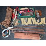 A Selection of military items to include leather belts, Two pairs of Gaiters, Family crest