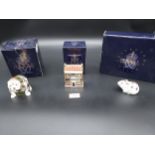 Three Royal Crown Derby paperweights, 'Harrods- Bulldog, Mini Toy Box and Bank Vole. All come with