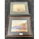 Two watercolours, One depicting sailing boats beached, loch and mountain scene signed KAM.