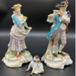 A Large pair of antique Meissen style figures, Together with a small Meissen pug dog. [As Found][