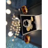 A Pair of 9ct on silver cuff links, a pair of 875 silver and amber cuff links, Silver, pearl and