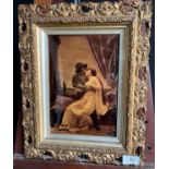 Antique crystoleum depicting a couple comforting one another, fitted within an ornate gilt frame.