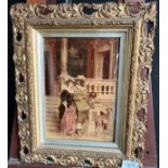 Antique crystoleum depicting a musketeer style figure escorting a lady. Fitted within an ornate gilt