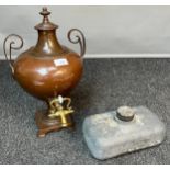 Antique Bronzed and brass samovar, together with pewter style hot water bottle.