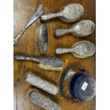 A Selection of silver hallmarked hand brushes, Art Nouveau design handle shoe horn, Silver and