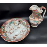 Antique Chinese hand painted wash bowl and jug. Signed to underside of bowl and jug. [Both as found]