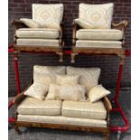 A 19th century Three piece Berger sofa, upholstered in a gold contemporary material.