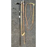 Two silver collar and top riding crops/ whips, Together with a silver collar walking cane and