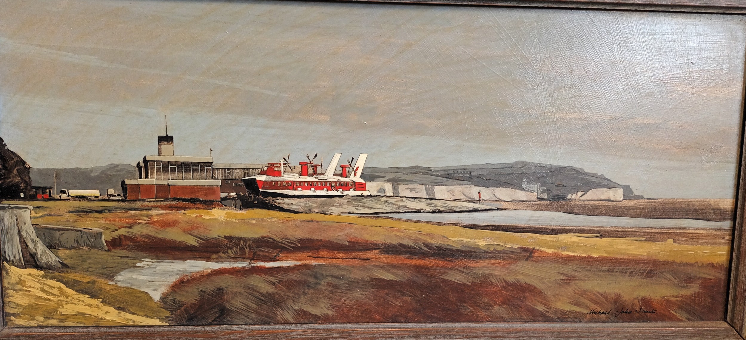 Oil on board by artist John Michael Hunt - SRN4 Hovercraft at Ramsgate Pegwell Bay[31x59cm] - Image 2 of 3