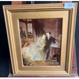 Antique Crystoleum depicting a couple seated. Fitted within a gold frame.