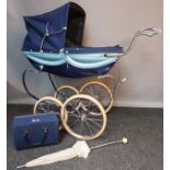 Childs Silver Cross vintage pram in blue with bag and umbrella [76cm handle height]