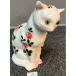 Large Griselda Hill Pottery [Wemyss] floral design cat with glass eyes. [23cm high]