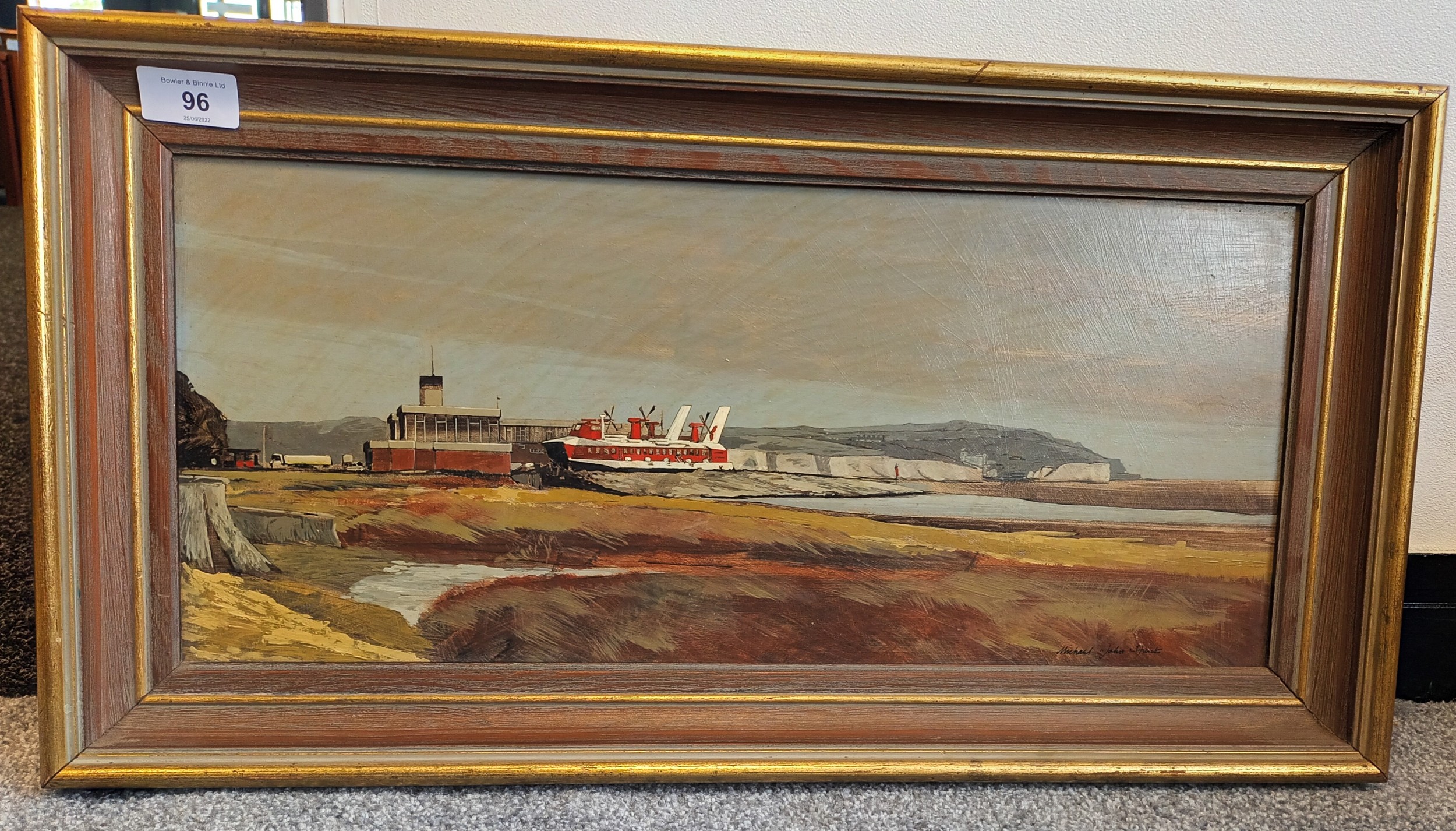Oil on board by artist John Michael Hunt - SRN4 Hovercraft at Ramsgate Pegwell Bay[31x59cm]