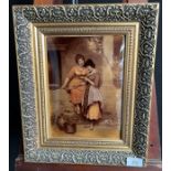 Antique Crystoleum depicting two women conversating , fitted within a gilt frame.