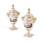 A Pair of Hochst Style Faience Vases with covers 19th century, gold painted wheel and orb mark [