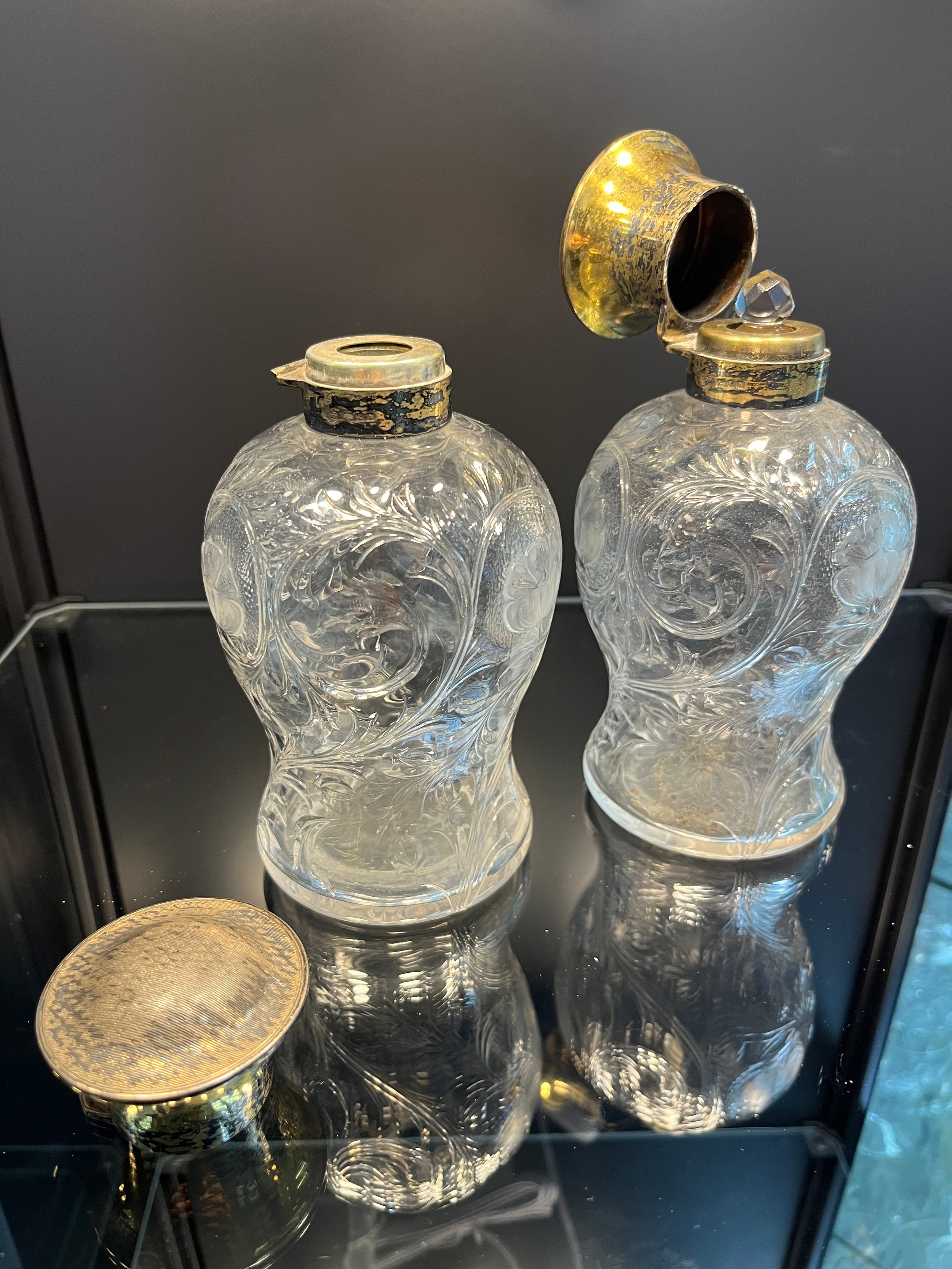 A Pair of London silver gilt topped and cut crystal perfume bottles. [16.5cm high] [One As Found] - Image 3 of 3