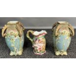 A Pair of Ornate hand painted Noritake Urn vases and a Naples marked Ornate water jug [19cm high]