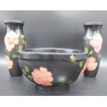Arts and crafts poker work Bowl and matching vases. Designed with roses. Date to underside 1934