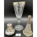 Large antique Birmingham silver rimmed goblet, Silver overlay perfume bottle and silver collar cut