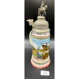 Antique German Porcelain and pewter lithophane beer Stein, Possibly Equestrian Regiment. [30cm high]