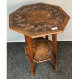 Octagonal arts and crafts table, carved oak leaves and acorns to the top [71cm high]