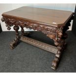 Jacobean style desk, the rectangular top with shaved edges above a carved frieze and apron,