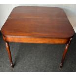 19th century flip top table, the D shaped top above a banded frieze, raised on turned legs [