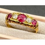 18ct yellow gold Ruby and Diamond five stone ring , claw set in gold. [Ring size N] [5MM in