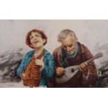 Watercolour depicting a man playing the mandolin with a young boy singing, Signed Gianni 55x65)