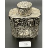 Antique 800 grade silver ornate raised relief tea box/ caddy. Hall marked to base. [12x10x6cm]