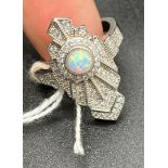 A ladies 925 Silver, CZ and Opal panelled dress ring. In an Art Deco Form. [Ring size Q]
