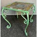 Garden side table, the square stained glass top raised on a wrought iron base [38x40x40cm]