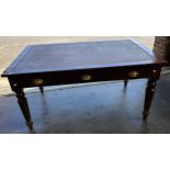 Antique desk, the rectangular top with brown leather surface above a central drawer flanked by two