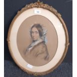 Antique chalk portrait depicting lady, fitted within a moulded oval gilt frame [51x41cm]